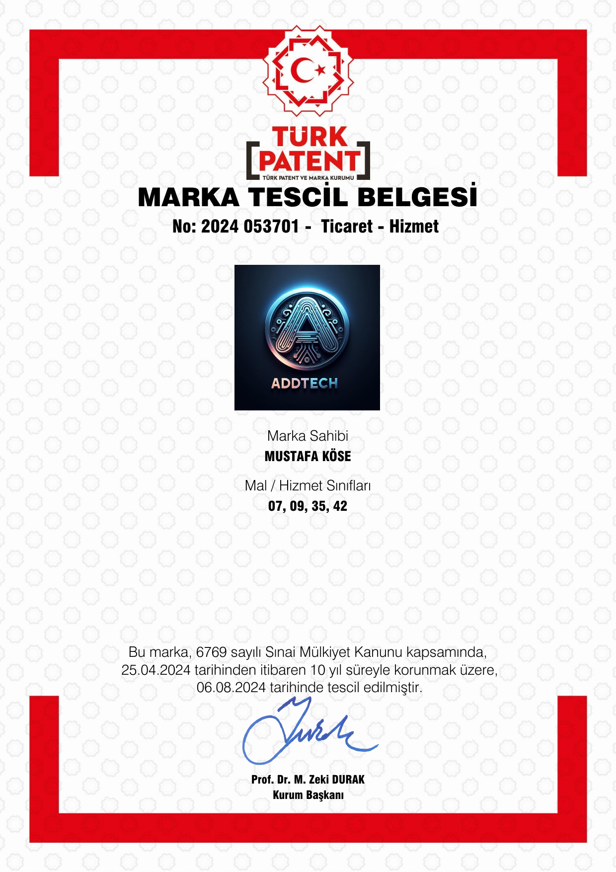 ADDTECH Marka Tescil Belgesi